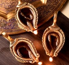 Brass Om Carved Temple Diwali Diya Lamp Pack of 3 Diyas